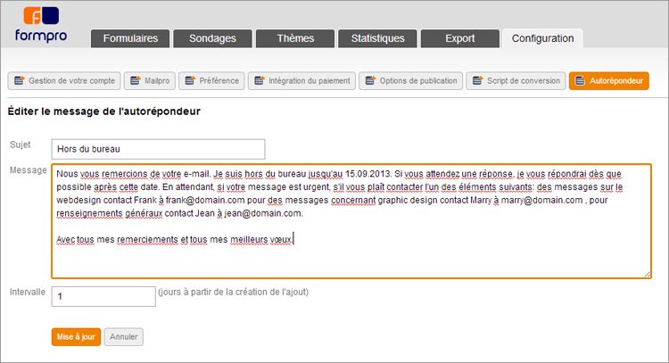 répondeurs automatiques avec Formpro