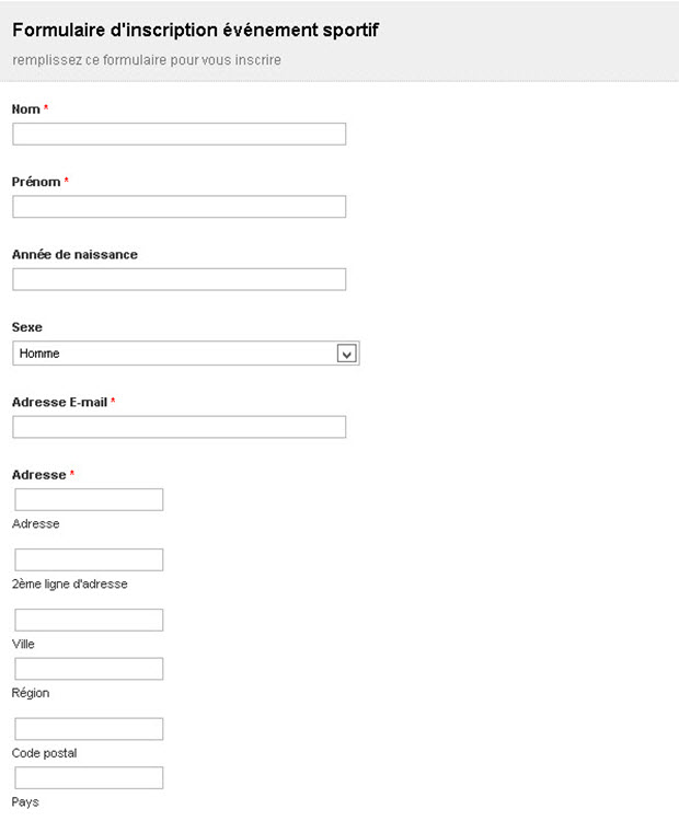 Formulaire d'inscription d'événement